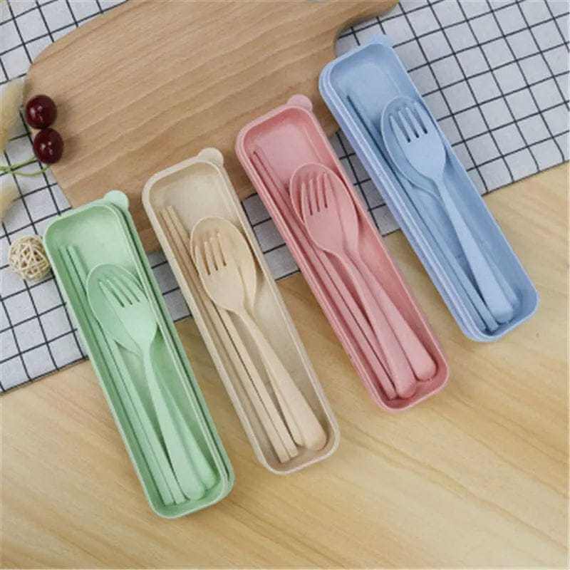 wheatstraw fork spoon chopsticks knife 3 pcs cutlery set with box