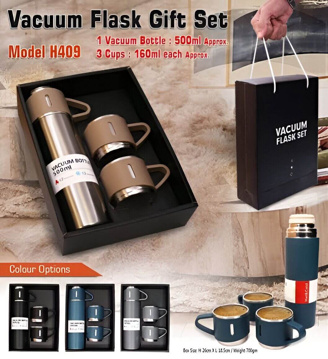 500ml approx Vacuum Flask Set with 3 Extra 160ml approx Cups and 🎁 Gift Box (_Mix/Random color_)