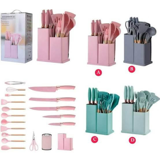 _*SILICONE HEAT RESISTANCE KITCHEN UTENSILS SET WITH CUTLERY SET 19pcs
Random colors