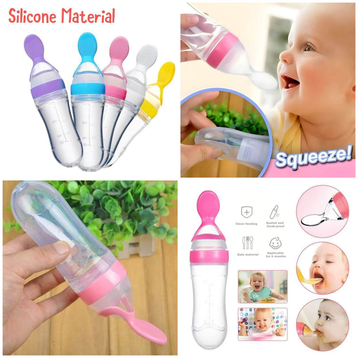 Silicone Baby Feeder with attached Spoon  (Mix/Random color)